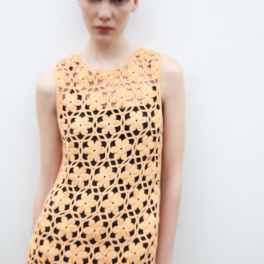 NWT ZARA LONG FLORAL KNIT DRESS ORANGE - REF 2142/085 S, M - Picture 3 of 10